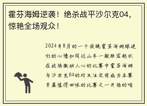 霍芬海姆逆袭！绝杀战平沙尔克04，惊艳全场观众！