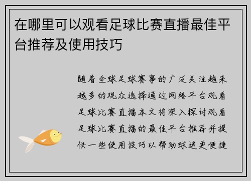 在哪里可以观看足球比赛直播最佳平台推荐及使用技巧